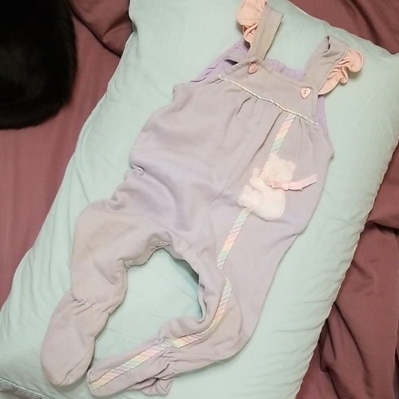 Vintage Pastel Kids Footed Overalls with Bear Accent - Picture 1 of 7